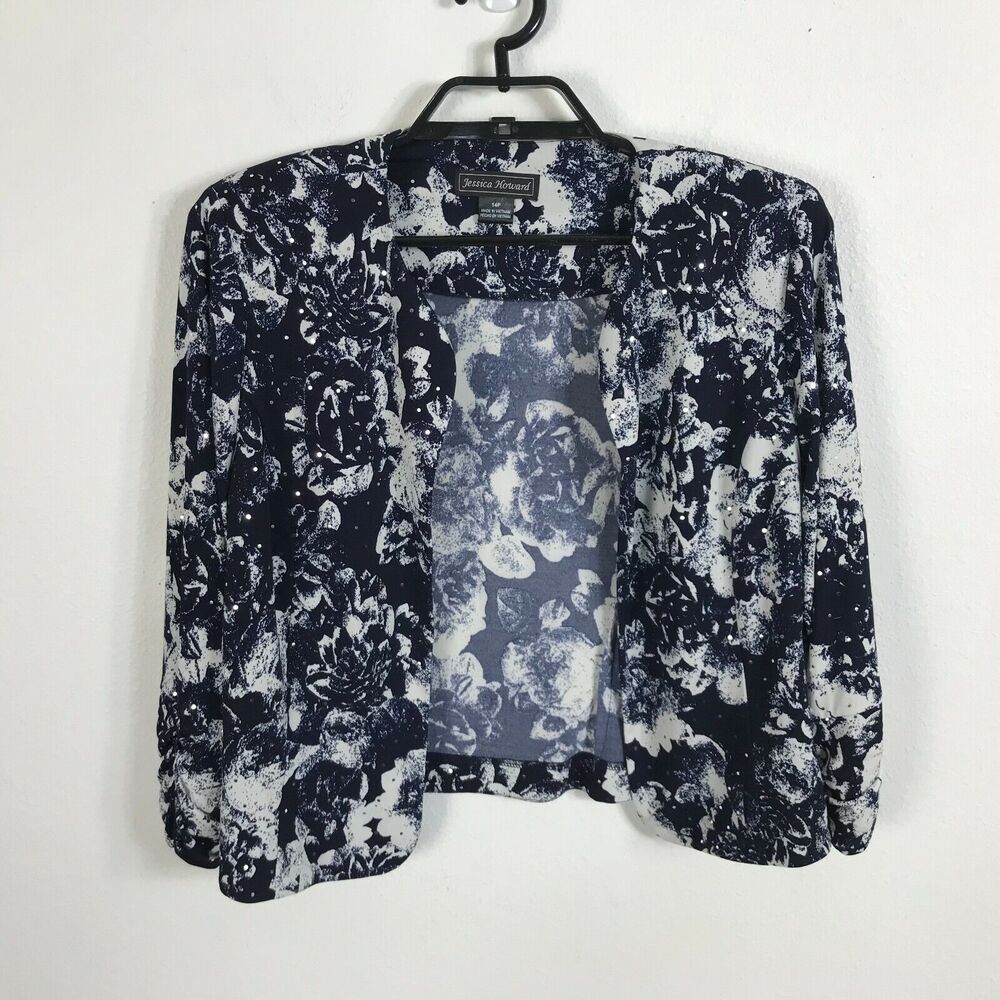 Jessica Howard Cardigan Bolero Size 14P Blue Floral Silver Dots 3/4 Sleeve Crop
